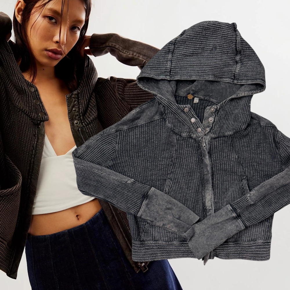 Free People Hoodie Malika Acid Wash Thermal Charcoal Grey S